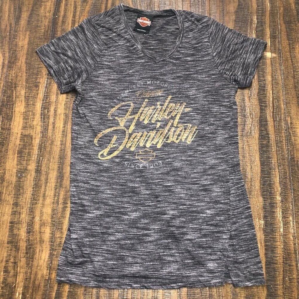 Harley-Davidson Womens Meidum Bonneville Rhinestone V-Neck Short Sleeve Tee Gray